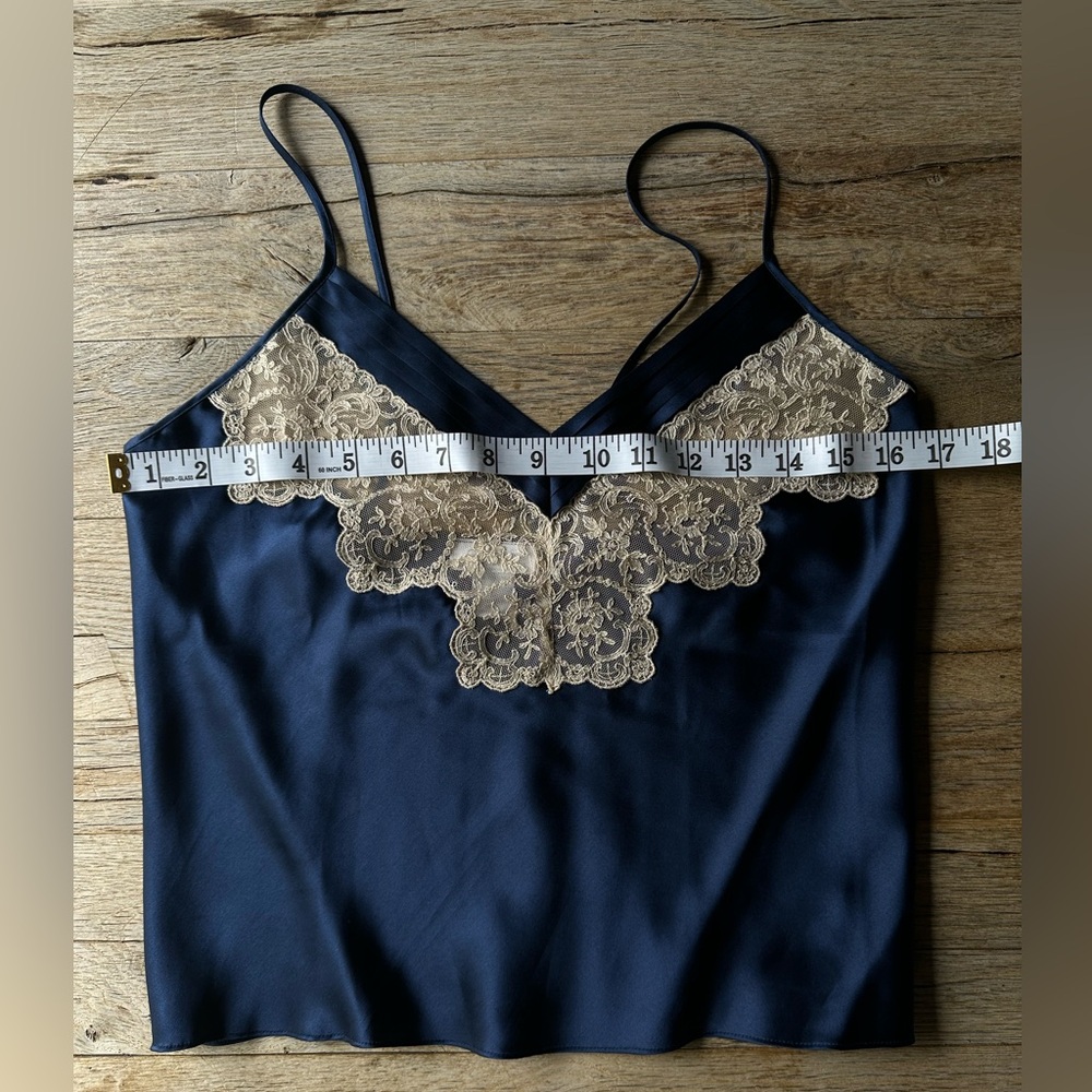 Vintage Morgan Taylor Camisole 100% Silk / Dark Blue / Ivory Lace / Size Small - Picture 6 of 8